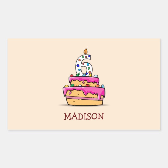 Girl 6th Birthday, 6 on Sweet Pink Cake Rectangular Sticker (Front)
