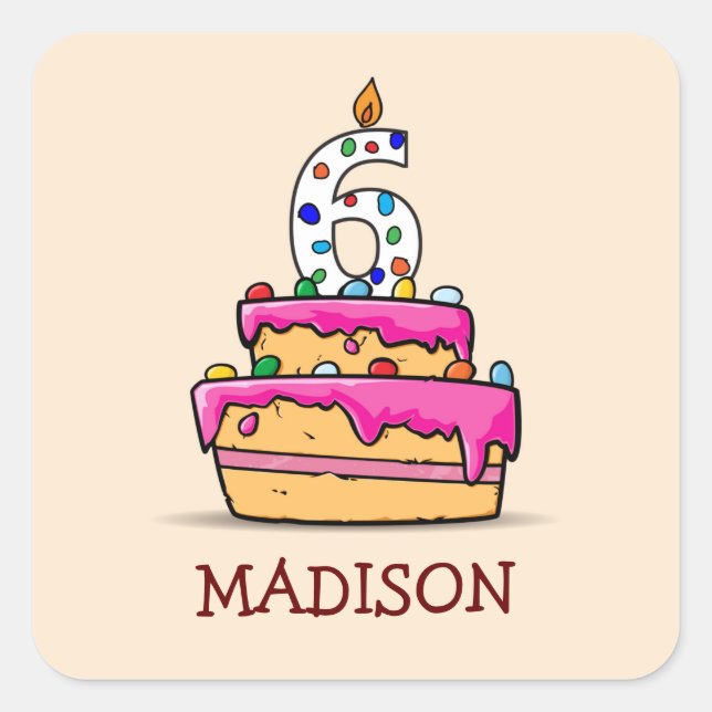 Girl 6th Birthday, 6 on Sweet Pink Cake Square Sticker (Front)
