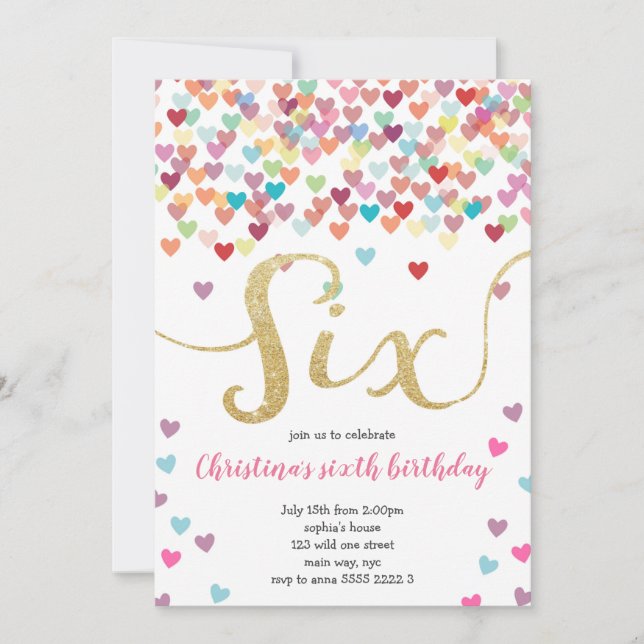 Girl 6th Birthday Hearts Confetti Rainbow Glitter Invitation (Front)