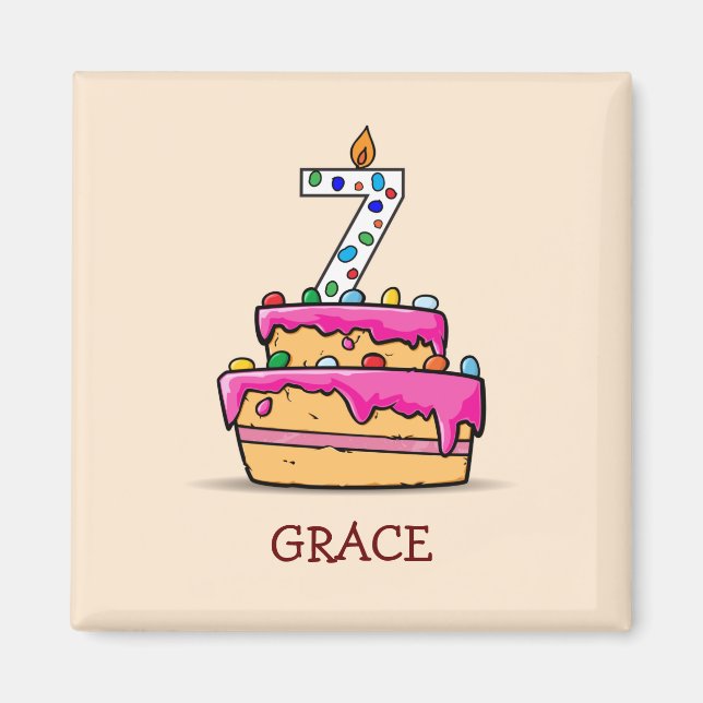 Girl 7th Birthday, 7 on Sweet Pink Cake Magnet (Front)