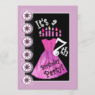 Girl 7th Birthday Party PINK Dress Template W1171