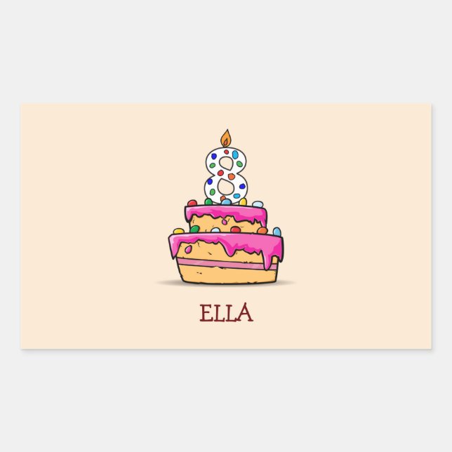 Girl 8th Birthday, 8 on Sweet Pink Cake Rectangular Sticker (Front)