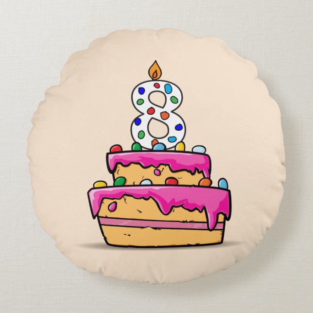 Girl 8th Birthday, 8 on Sweet Pink Cake Round Cushion (Front)