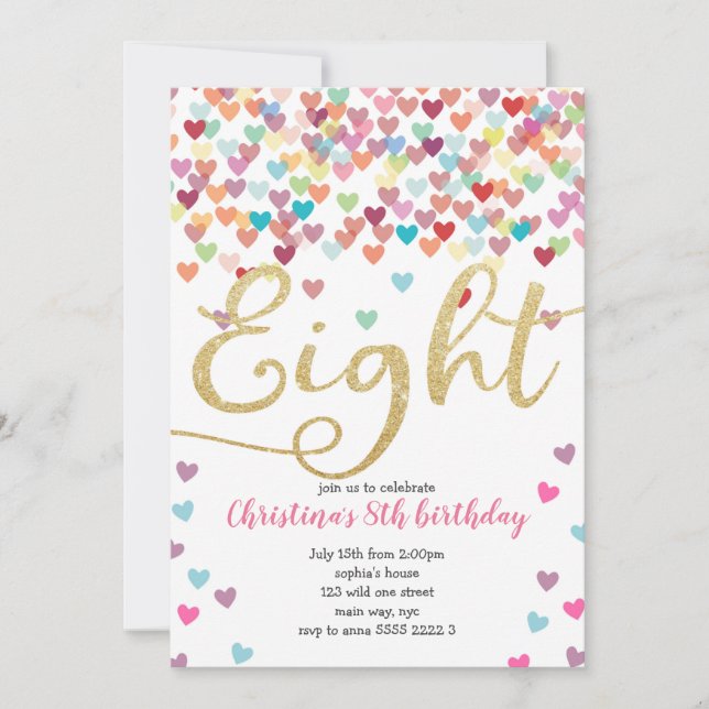 Girl 8th Birthday Hearts Confetti Rainbow Glitter Invitation (Front)