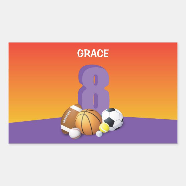 Girl 8th Birthday Sports Balls Rectangular Sticker (Front)