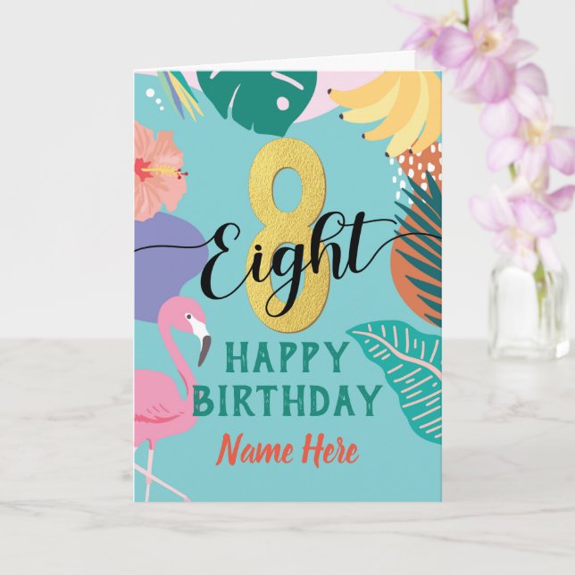Girl 8th Birthday Tropical Flower Pink Flamingo Card (Orchid)