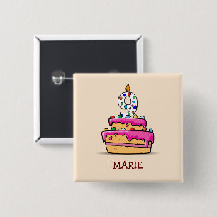 Girl 9th Birthday, 9 on Sweet Pink Cake 15 Cm Square Badge