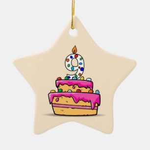 Girl 9th Birthday, 9 on Sweet Pink Cake Ceramic Tree Decoration