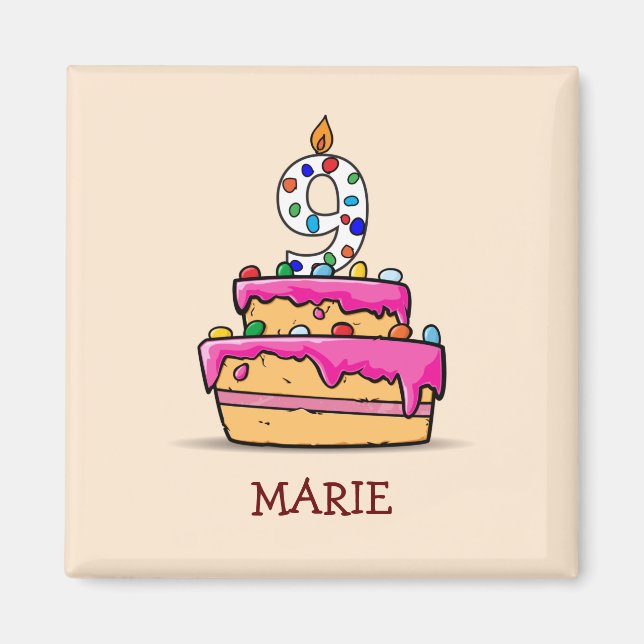 Girl 9th Birthday, 9 on Sweet Pink Cake Magnet (Front)