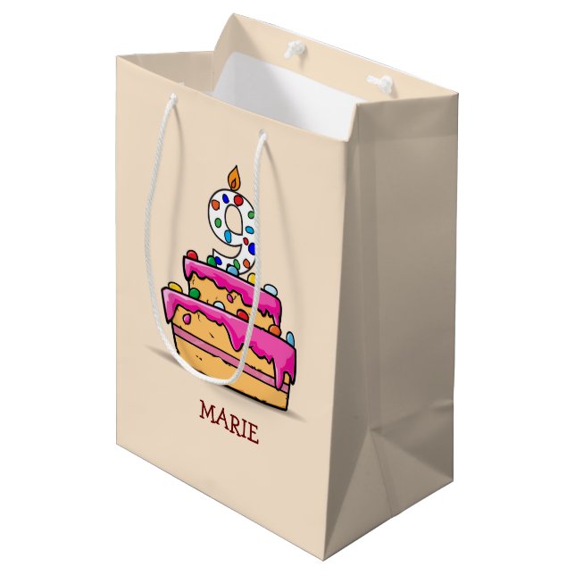 Girl 9th Birthday, 9 on Sweet Pink Cake Medium Gift Bag (Front Angled)
