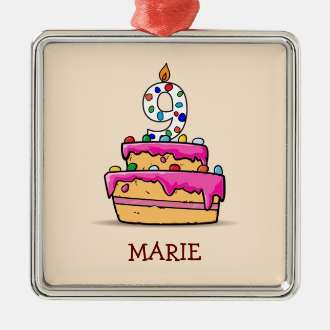 Girl 9th Birthday, 9 on Sweet Pink Cake Metal Tree Decoration (Front)