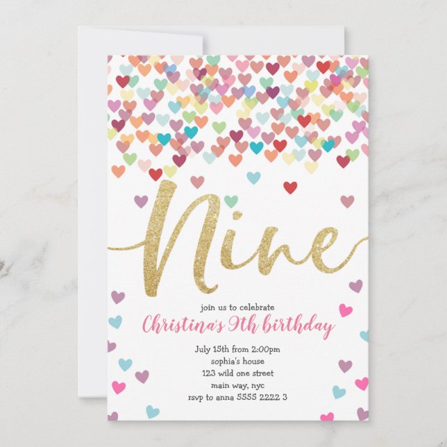 Girl 9th Birthday Hearts Confetti Rainbow Glitter Invitation (Front)