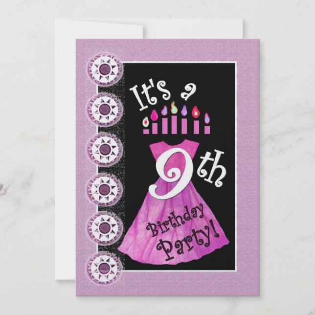 Girl 9th Birthday Party Invitation PINK Candles (Front)