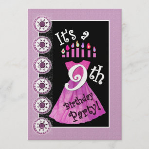 Girl 9th Birthday Party Invitation PINK Candles