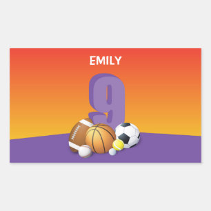 Girl 9th Birthday Sports Balls Rectangular Sticker