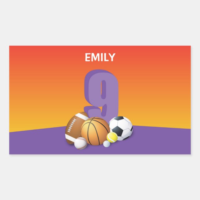 Girl 9th Birthday Sports Balls Rectangular Sticker (Front)
