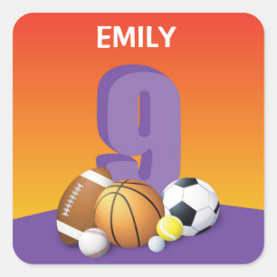 Girl 9th Birthday Sports Balls Square Sticker