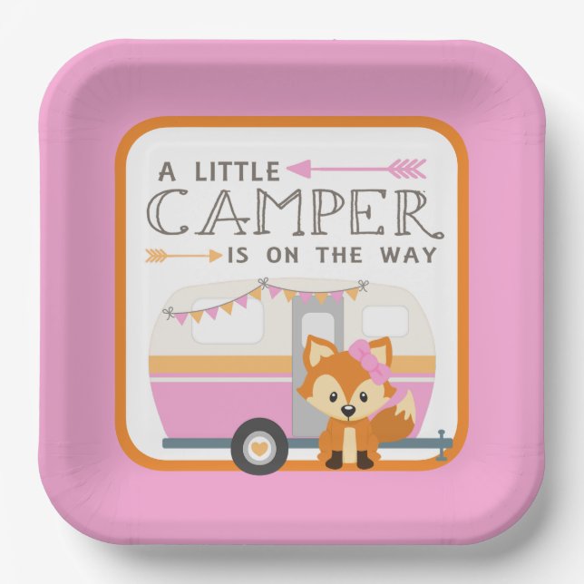 Girl A Little Camper RV Camper Baby Shower Pink Paper Plate (Front)