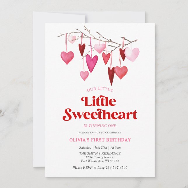 Girl A Little Sweetheart Valentine 1st Birthday  Invitation (Front)