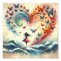 Girl above ocean waves with Butterflies