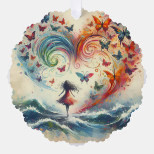 Girl above ocean waves with Butterflies Tree Decoration Card