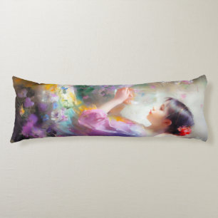 Girl admiring a flower in her hands body cushion