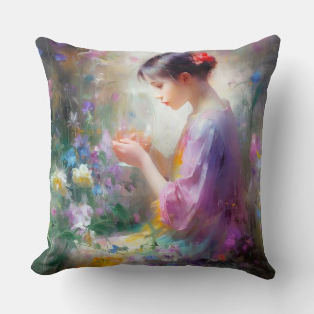 Girl admiring a flower in her hands  cushion (Front)