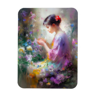 Girl admiring a flower in her hands magnet
