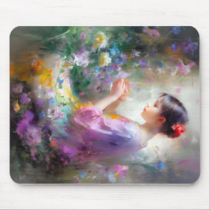 Girl admiring a flower in her hands mouse mat