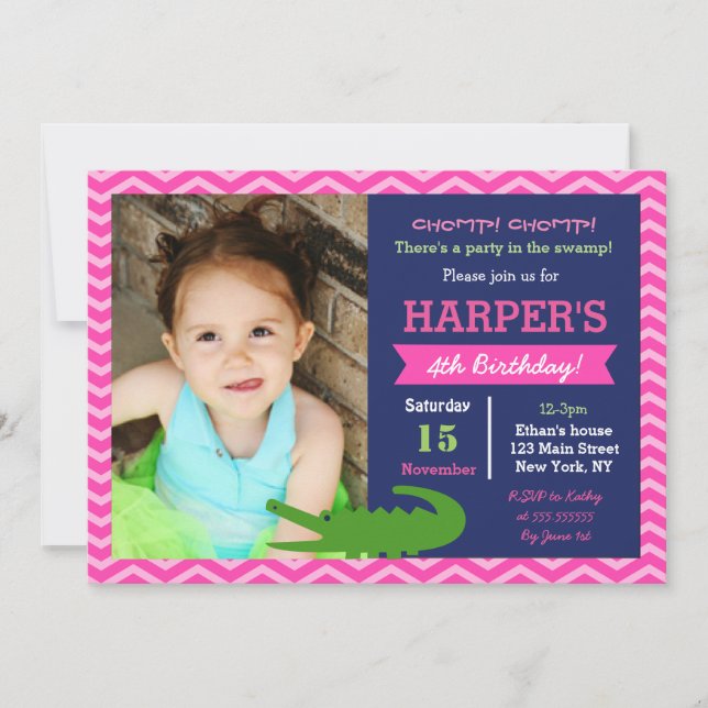 Girl Alligator Birthday Party Invitations (Front)