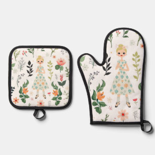 Girl Among Flowers Oven Mitt & Pot Holder Set