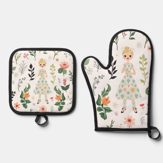 Girl Among Flowers Oven Mitt & Pot Holder Set (Front)