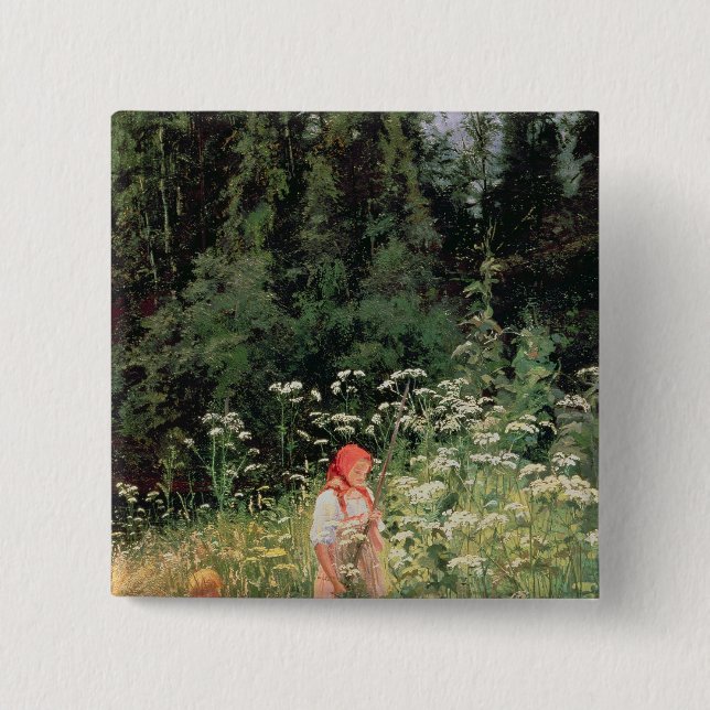 Girl among the wild flowers, 1880 15 cm square badge (Front)