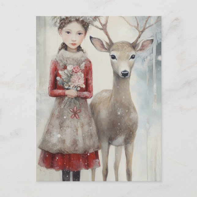 Girl and a Deer Mixed Media Postcard (Front)