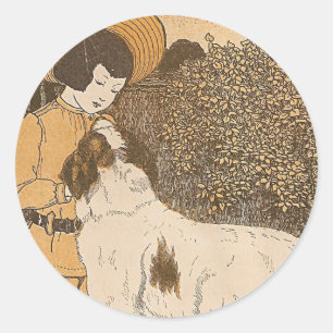 Girl and a dog classic round sticker