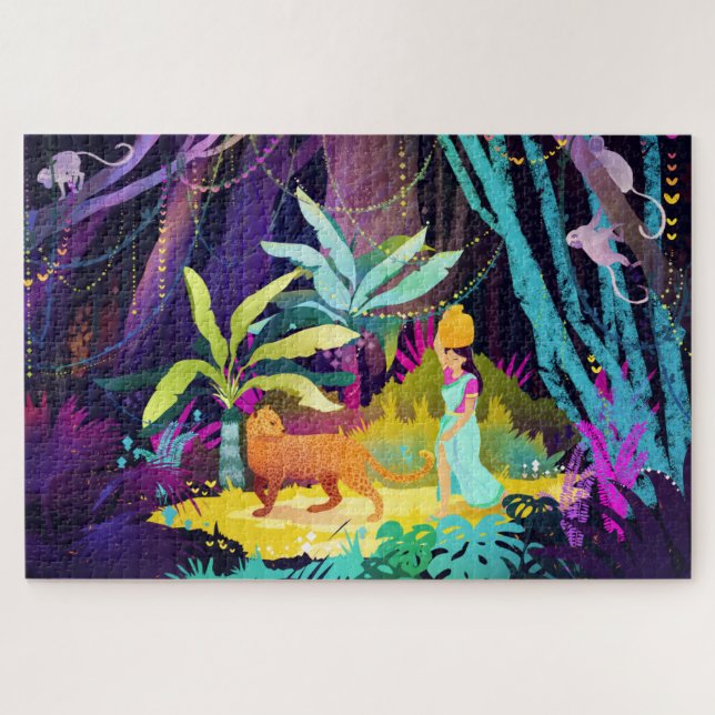 Girl and a leopard in the rainforest jigsaw puzzle (Horizontal)