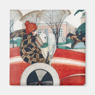 Girl and a Pug Dog in a Red Automobile Magnet