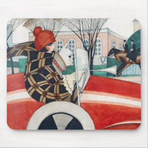 Girl and a Pug Dog in a Red Automobile Mouse Mat