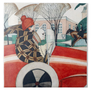 Girl and a Pug Dog in a Red Automobile Tile