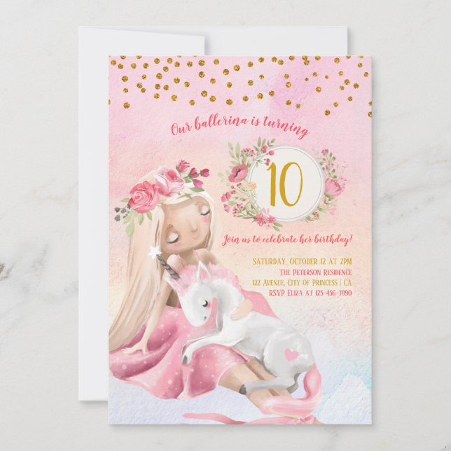 Girl And Baby Unicorn Birthday Party Invitation (Front)