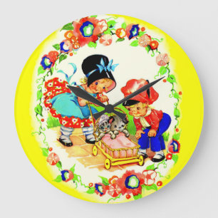 girl and boy and kitten and puppy large clock