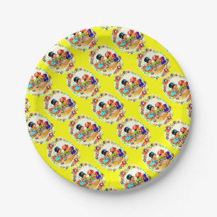 girl and boy and kitten and puppy print paper plate