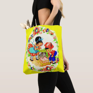 girl and boy and kitten and puppy print tote bag