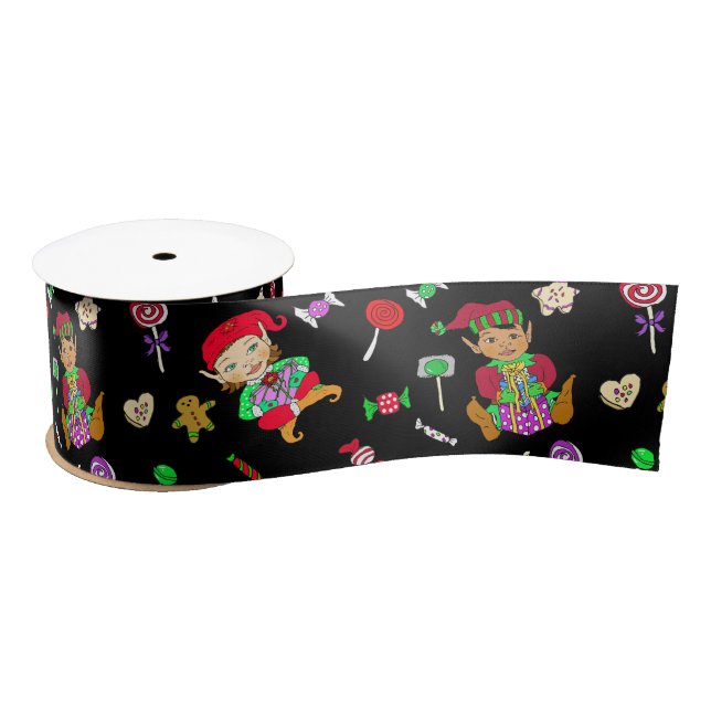 Girl and Boy Elves and Christmas Candy Whimsical Satin Ribbon (Spool)