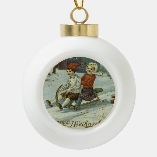 Girl and boy enjoy a sleigh ride illustration ceramic ball christmas ornament (Front)