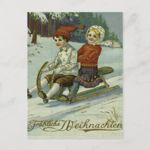 Girl and boy enjoy a sleigh ride illustration postcard