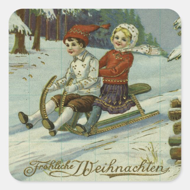 Girl and boy enjoy a sleigh ride illustration square sticker (Front)