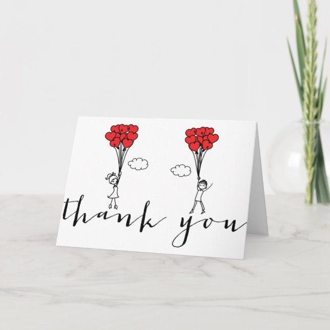 Girl and Boy Heart Balloons Doodles Thank You Card (Front)