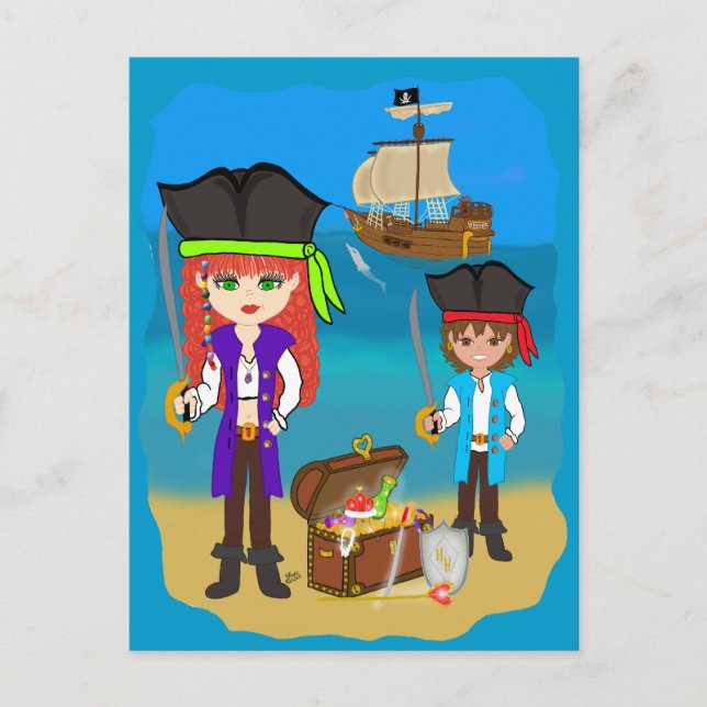 Girl and Boy Pirates with Ship on Beach Postcard (Front)