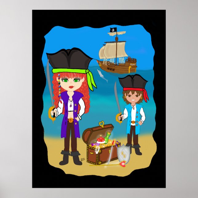Girl and Boy Pirates with Ship on Beach Poster (Front)